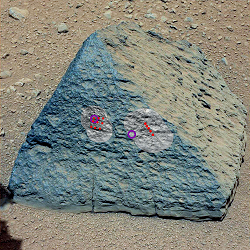 Cette image montre les zones visées par deux des instruments du rover Curiosity pour étudier cette roche nommée 'Jake Matijevic''.